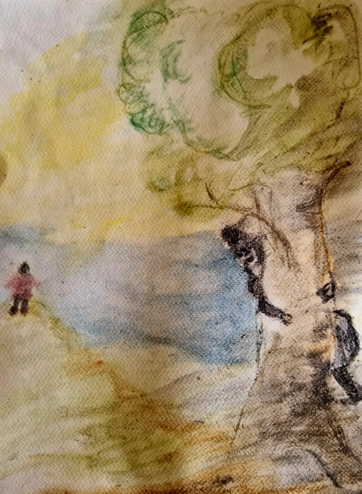 Aquarellhafte Szene mit dunkler Figur und Landschaft