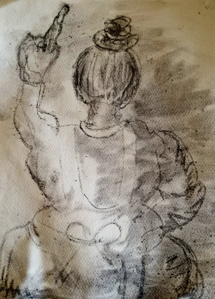 Rückenansicht der schwarzen Dame mit erhobener Hand